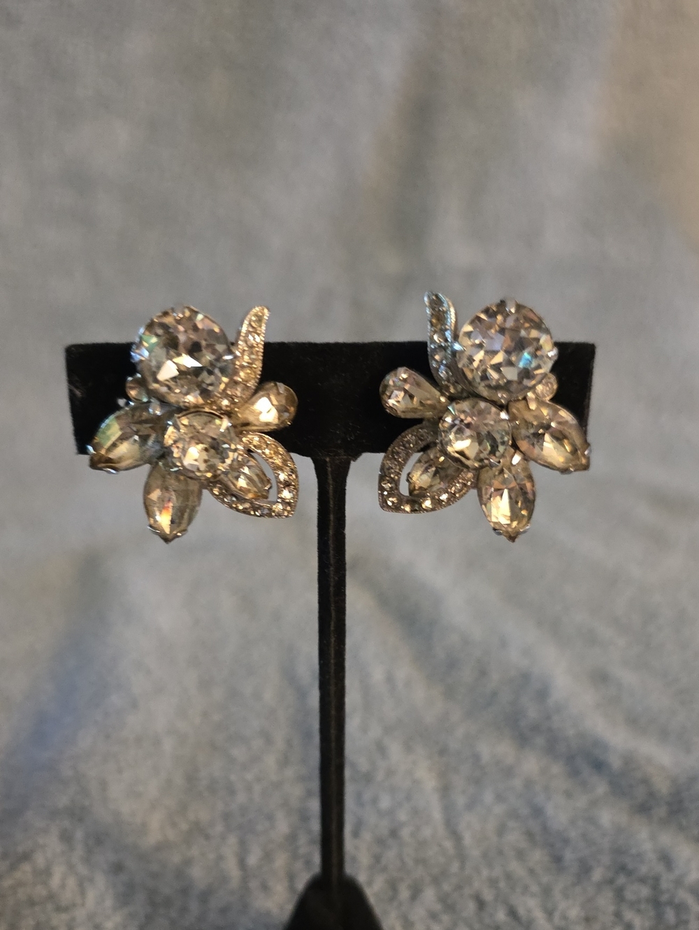 Clear Crystal Floral Clip-On Earrings - Sparkling Silver Tone